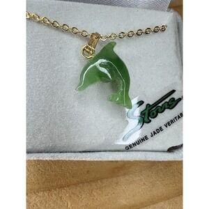 Vintage Dolphin Necklace Storrs Genuine Jade Veritable Gold Tone Chain